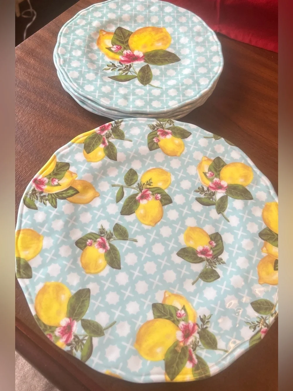 Shabby Chic Melamine Lemon Floral Plate Set of 8 Dinner & Salad Yellow Grn Blue